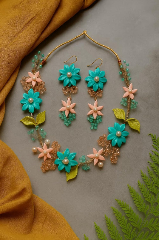 TAHERA Handmade Floral Necklace and Earrings Set, Turquoise and Peach Clay Beads, Wedding Jewellery