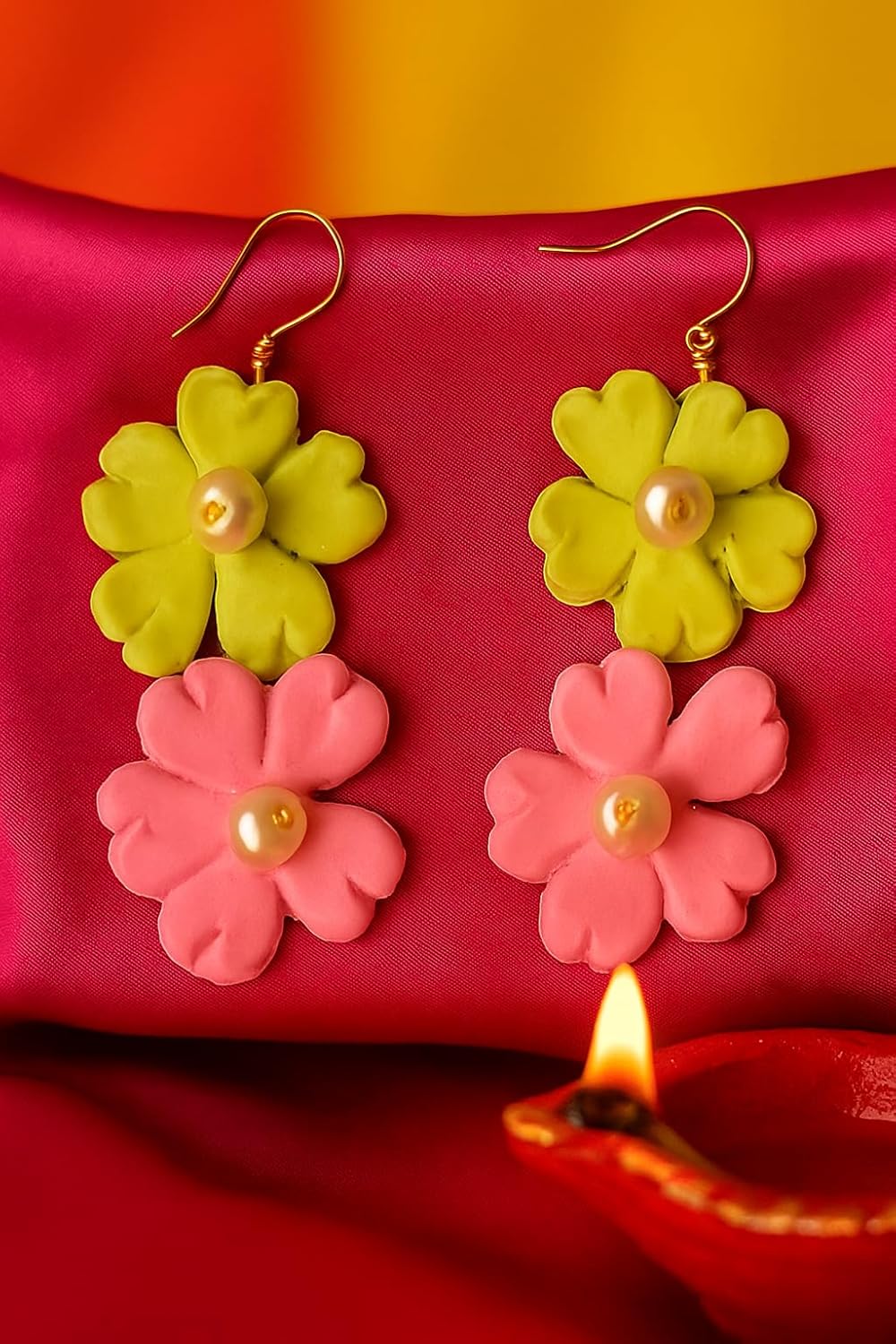 Tahera Trendy Handmade Floral Earrings, Aesthetic Clay Flower Dangles with Pearl – Lightweight Boho Drop Earrings for Girls for Daily use.