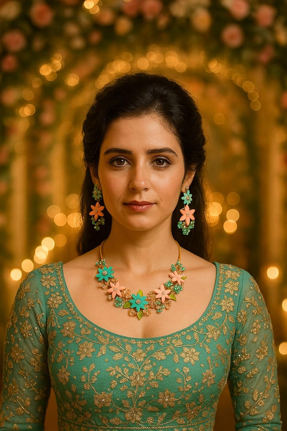 TAHERA Handmade Floral Necklace and Earrings Set, Turquoise and Peach Clay Beads, Wedding Jewellery