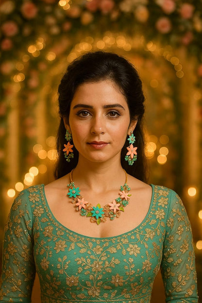 TAHERA Handmade Floral Necklace and Earrings Set, Turquoise and Peach Clay Beads, Wedding Jewellery