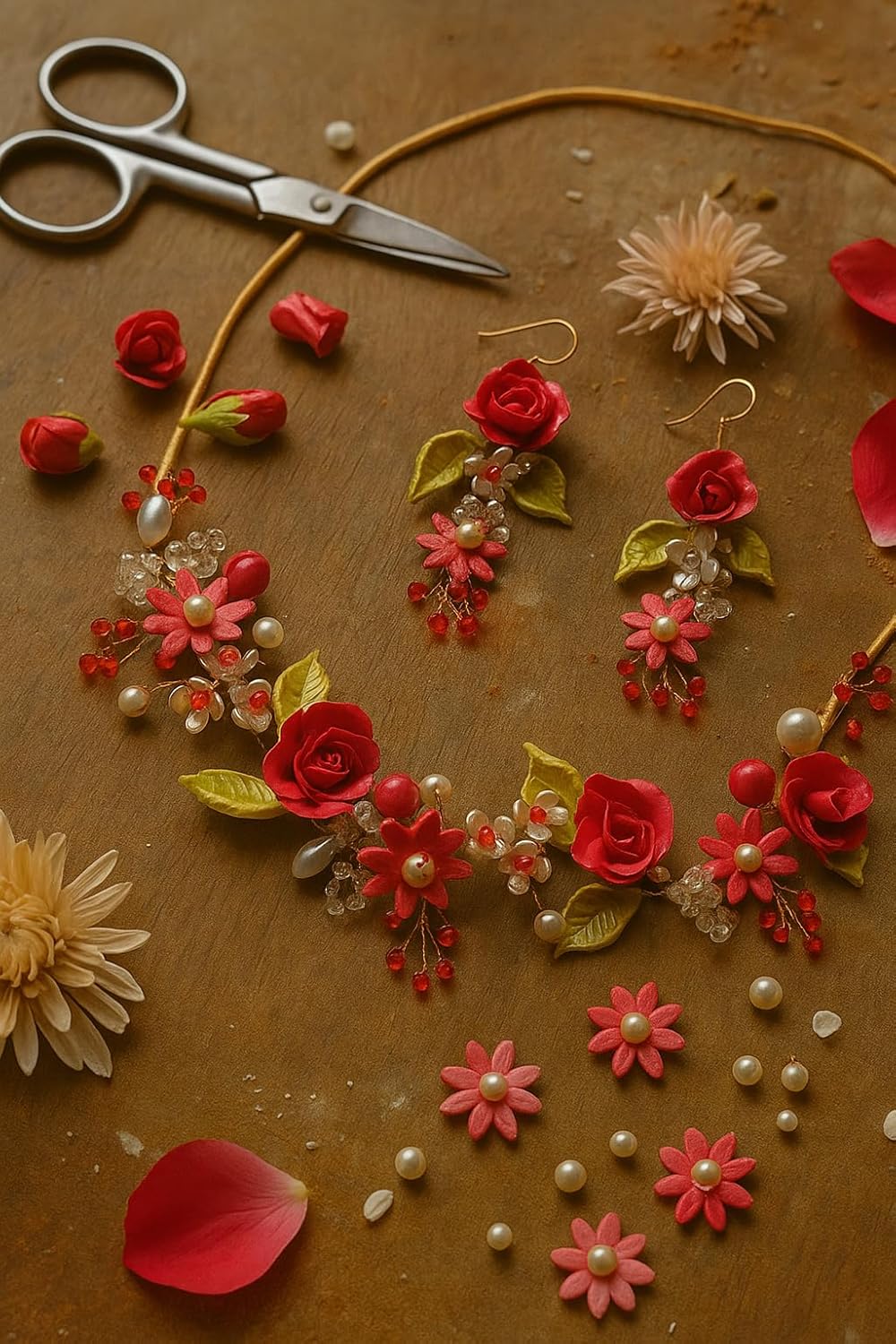 TAHERA Clay and Pearl Wedding Jewelry Set for Women, Tomato Red Rose Floral Handmade Necklace and Earrings for Rakshabandhan Gift.
