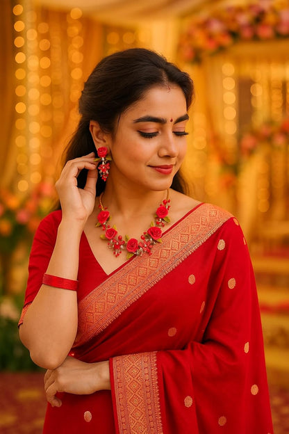 TAHERA Clay and Pearl Wedding Jewelry Set for Women, Tomato Red Rose Floral Handmade Necklace and Earrings for Rakshabandhan Gift.