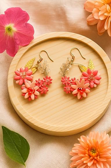 Tahera Pink and Red Floral Hoop Earrings.