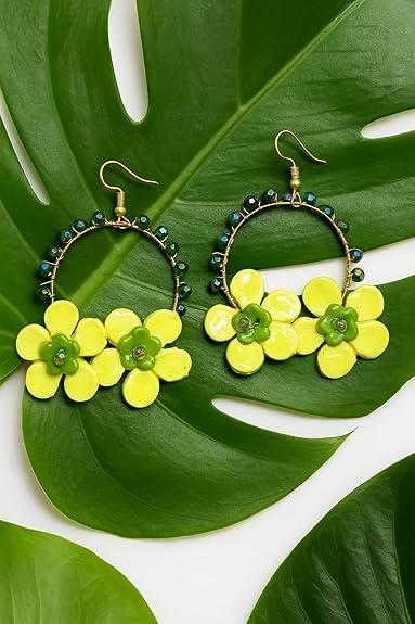 Tahera Handcrafted Green Flower Hoop Earrings.