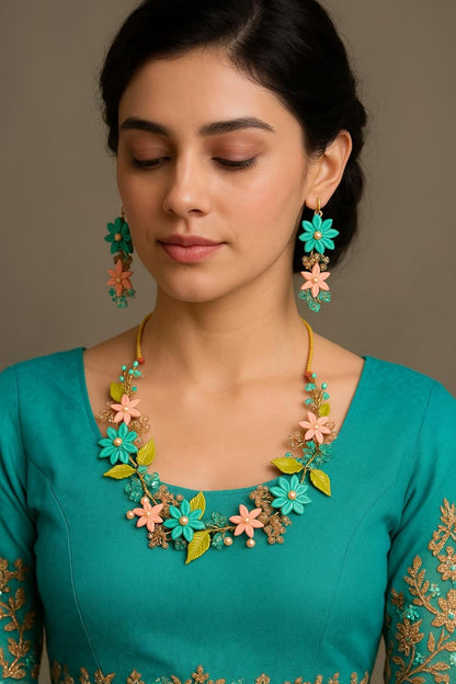 TAHERA Handmade Floral Necklace and Earrings Set, Turquoise and Peach Clay Beads, Wedding Jewellery