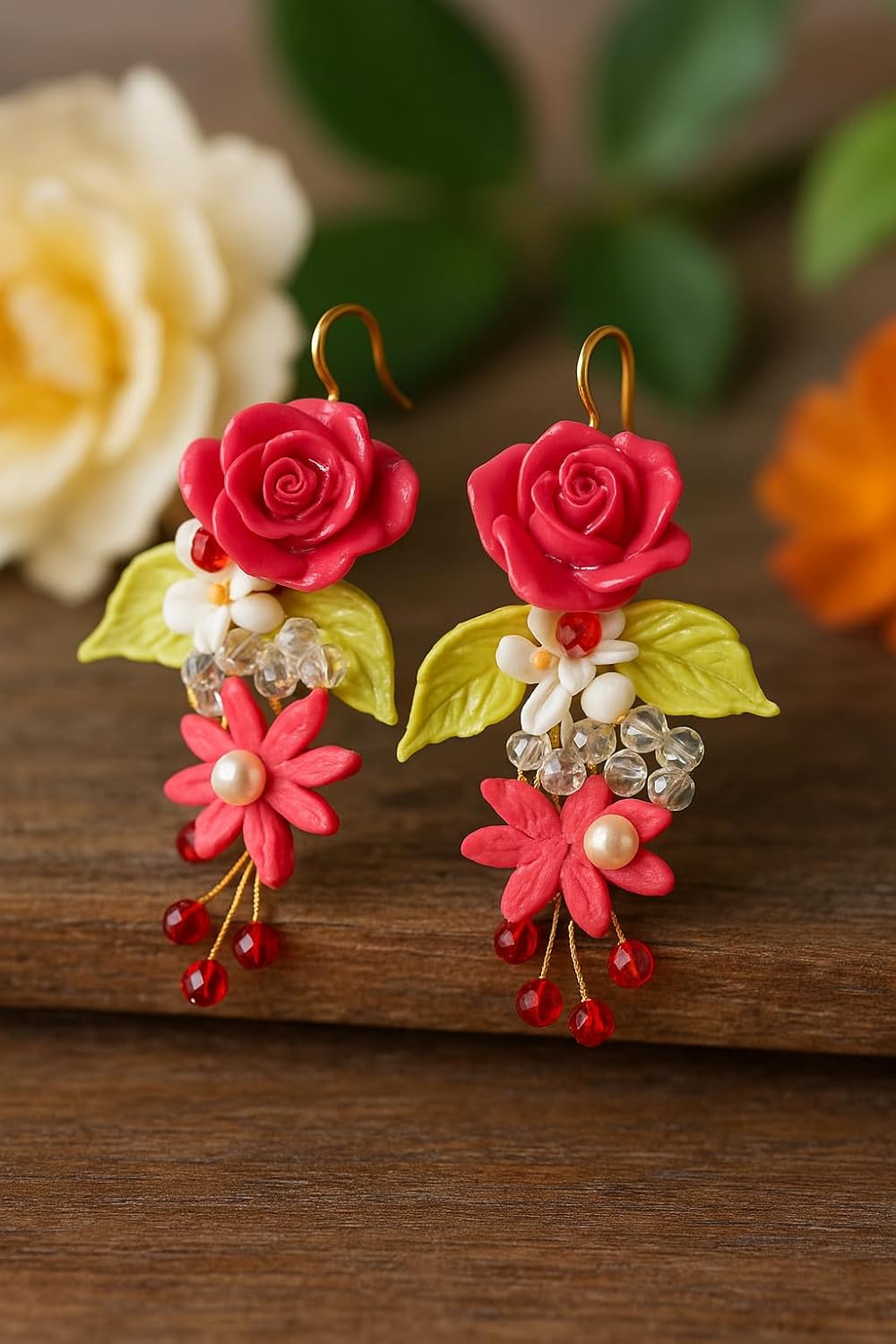 Handmade Floral Dangle Earrings for Women – Polymer Clay Rose & Bead Drop Earrings – Boho Statement Jewelry with Pink Flowers, Crystals & Leaves – Lightweight & Unique Gift for Her