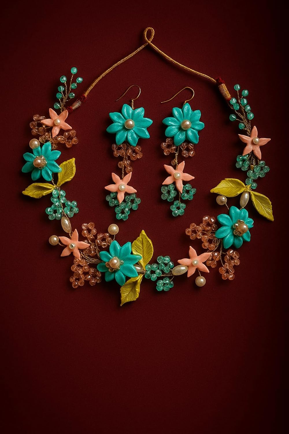 TAHERA Handmade Floral Necklace and Earrings Set, Turquoise and Peach Clay Beads, Wedding Jewellery
