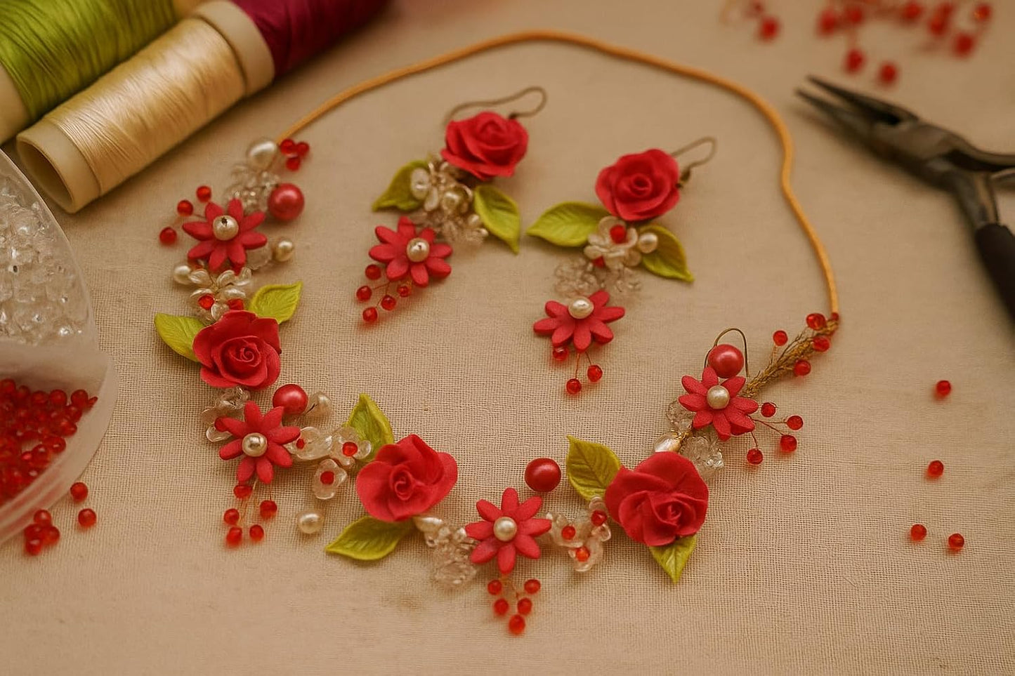 TAHERA Clay and Pearl Wedding Jewelry Set for Women, Tomato Red Rose Floral Handmade Necklace and Earrings for Rakshabandhan Gift.