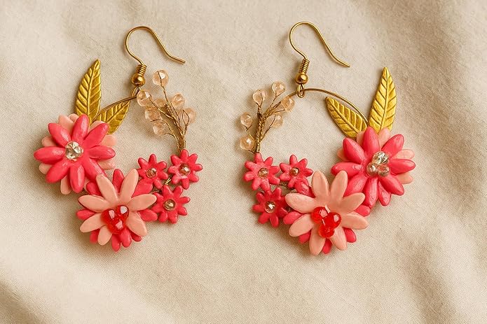 Tahera Pink and Red Floral Hoop Earrings.