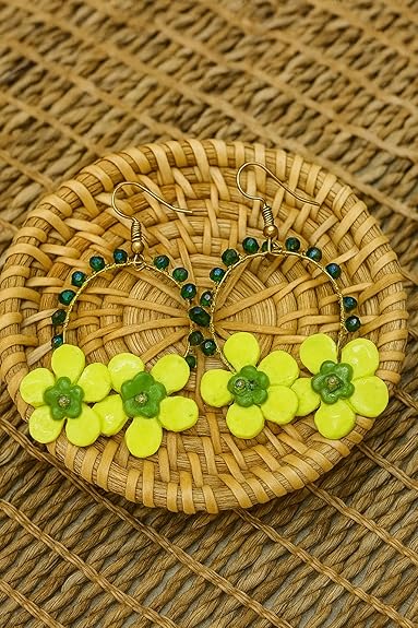 Tahera Handcrafted Green Flower Hoop Earrings.