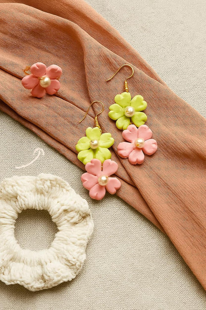 Tahera Trendy Handmade Floral Earrings, Aesthetic Clay Flower Dangles with Pearl – Lightweight Boho Drop Earrings for Girls for Daily use.