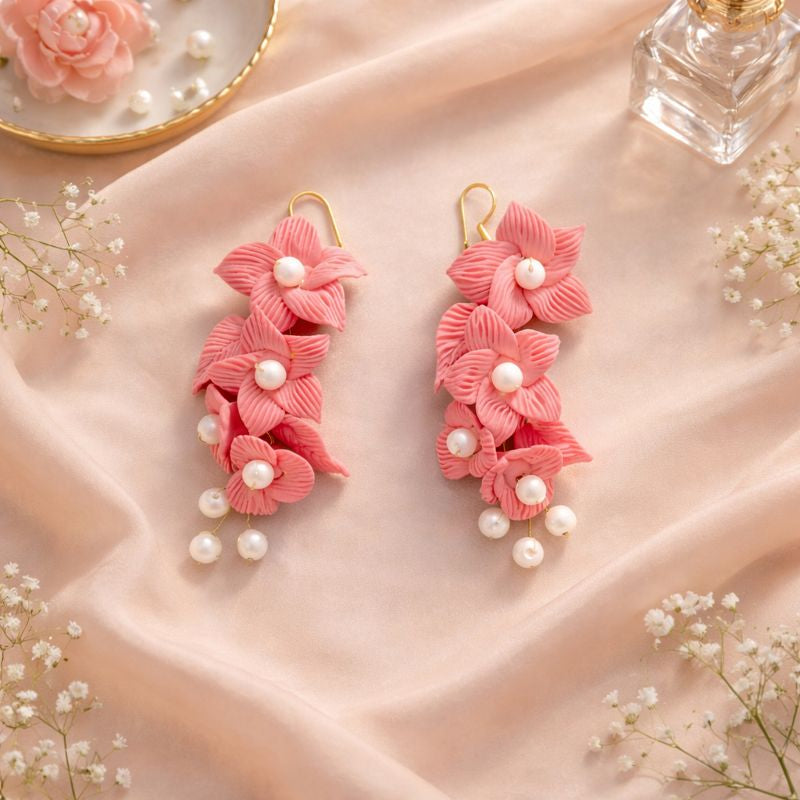 Soft Petal Pearl Danglers – Handmade