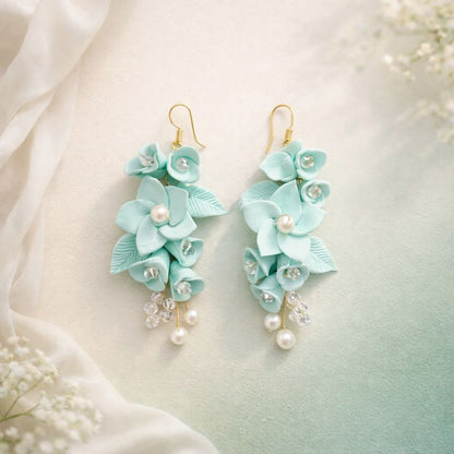 Seafoam Floral Pearl Danglers – Handmade
