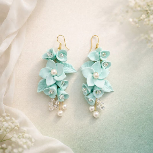 Seafoam Floral Pearl Danglers – Handmade