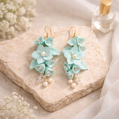 Seafoam Floral Pearl Danglers – Handmade