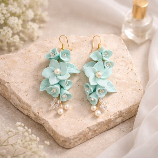 Seafoam Floral Pearl Danglers – Handmade