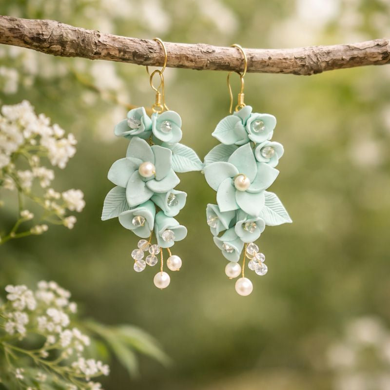 Seafoam Floral Pearl Danglers – Handmade