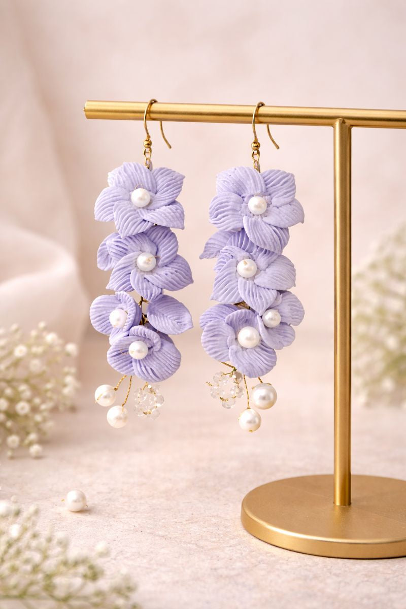 Lavender Bloom Pearl Handmade Clay Earrings