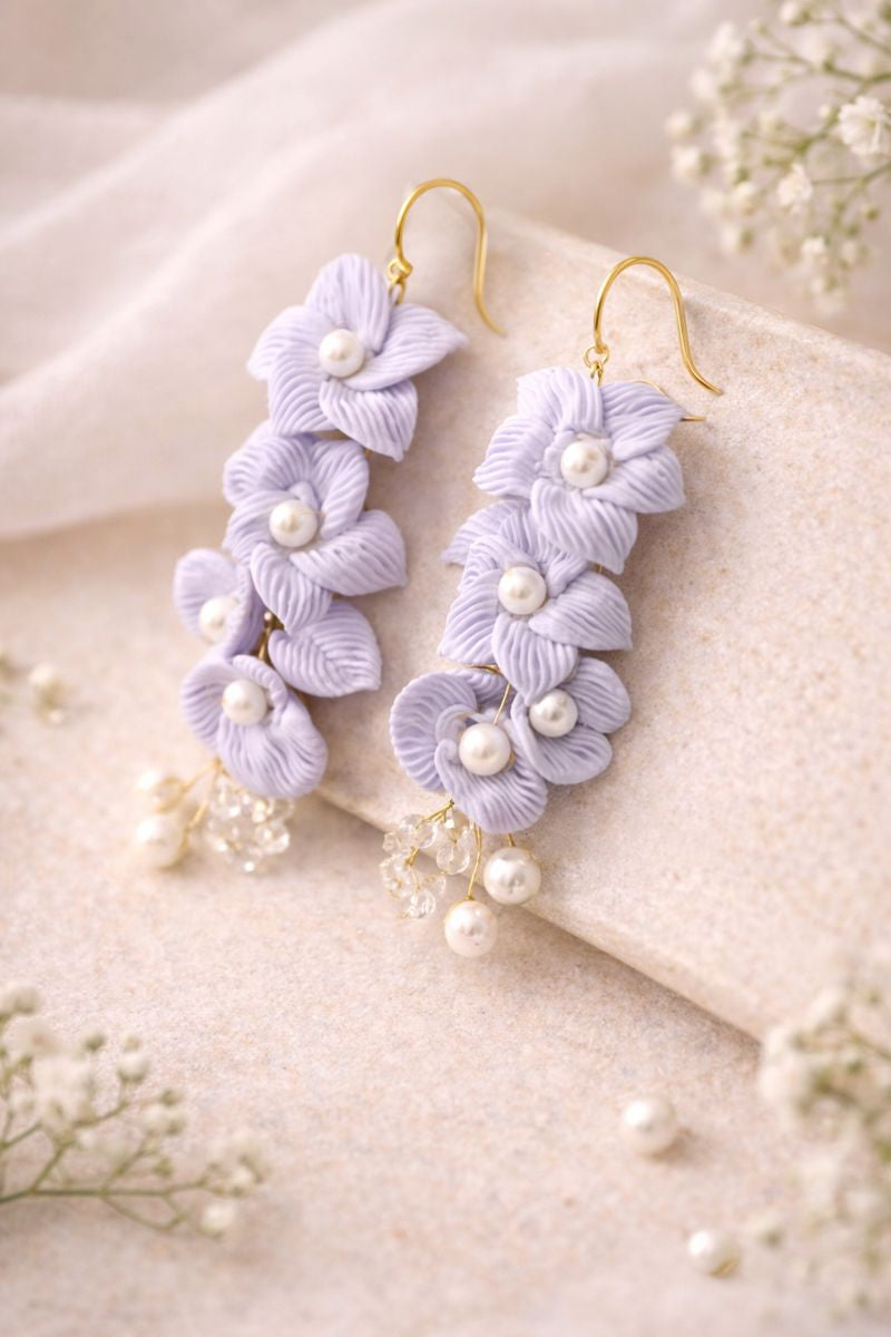 Lavender Bloom Pearl Handmade Clay Earrings