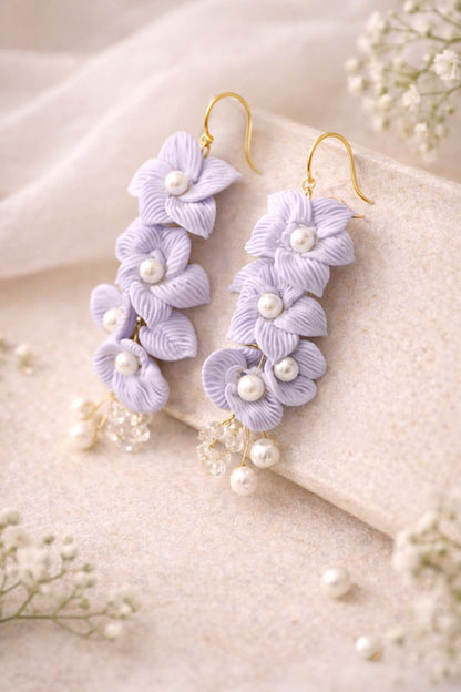 Lavender Bloom Pearl Handmade Clay Earrings