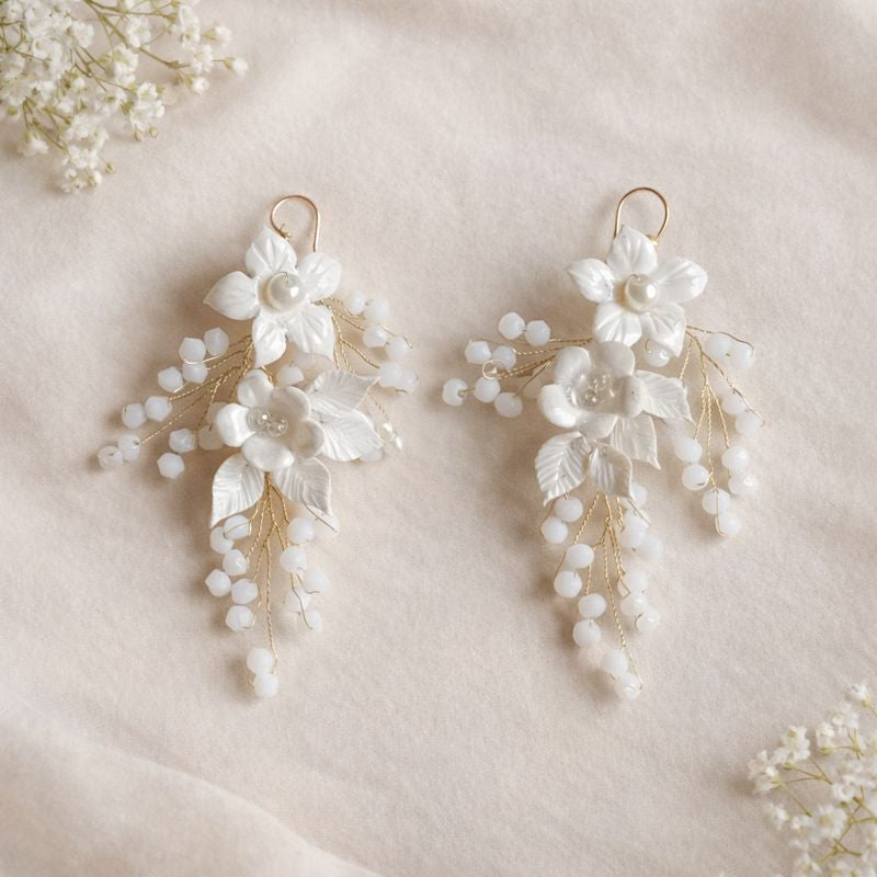 White Floral Handmade Clay Earrings with Bead Drops