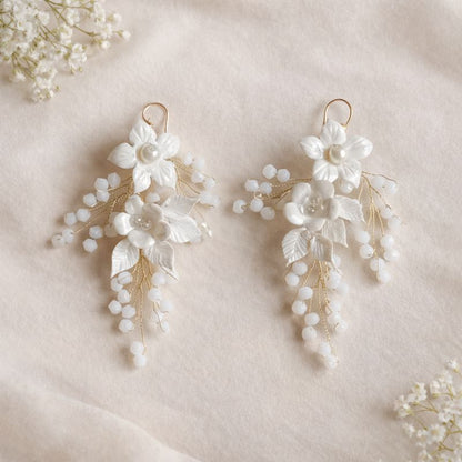 White Floral Handmade Clay Earrings with Bead Drops
