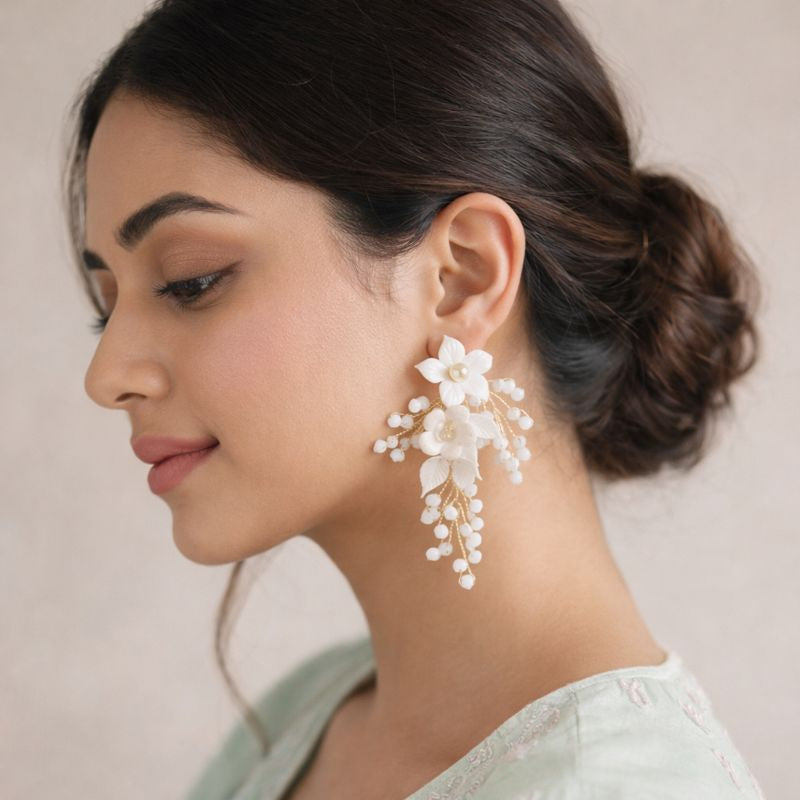White Floral Handmade Clay Earrings with Bead Drops