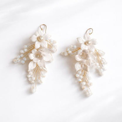 White Floral Handmade Clay Earrings with Bead Drops