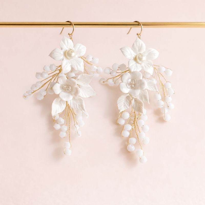 White Floral Handmade Clay Earrings with Bead Drops