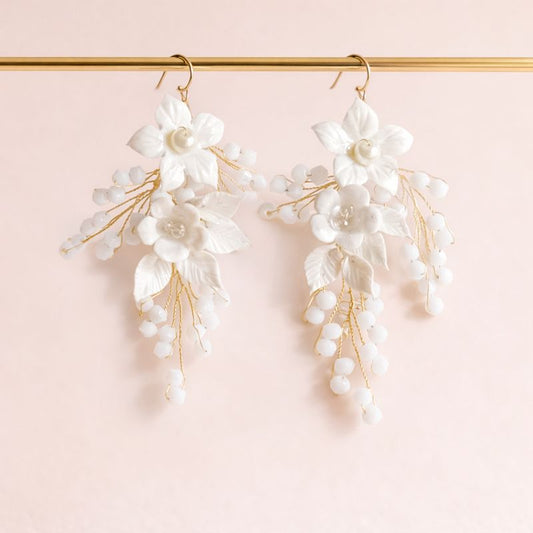 White Floral Handmade Clay Earrings with Bead Drops