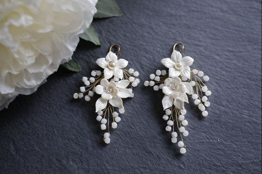 White Floral Handmade Clay Earrings with Bead Drops