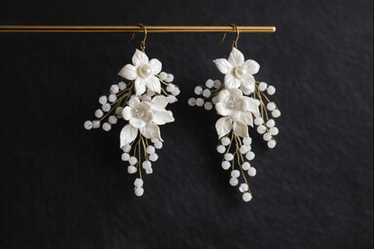 White Floral Handmade Clay Earrings with Bead Drops