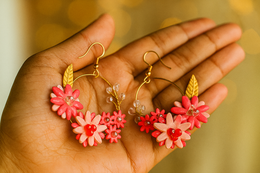 Tahera Handmade Pink and Red Floral Hoop Earrings, Wedding Clay Flower Design with Gold Leaves, Fashion Jewellery