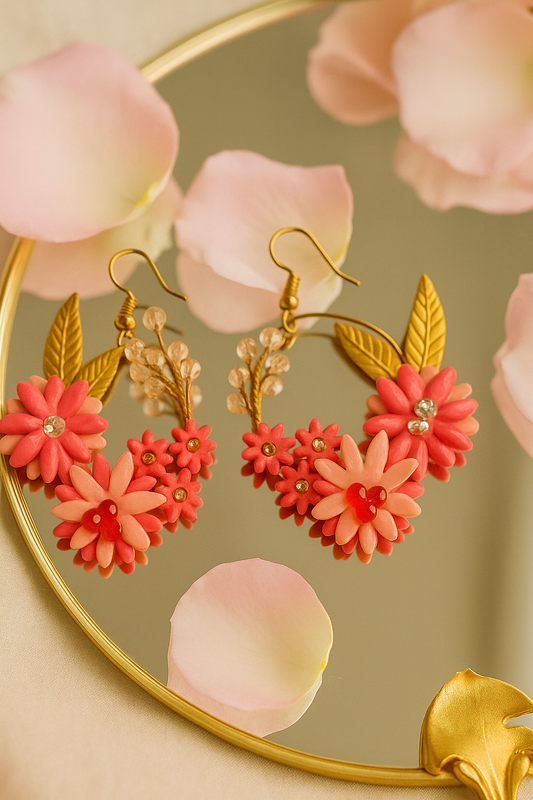 Tahera Handmade Pink and Red Floral Hoop Earrings, Wedding Clay Flower Design with Gold Leaves, Fashion Jewellery