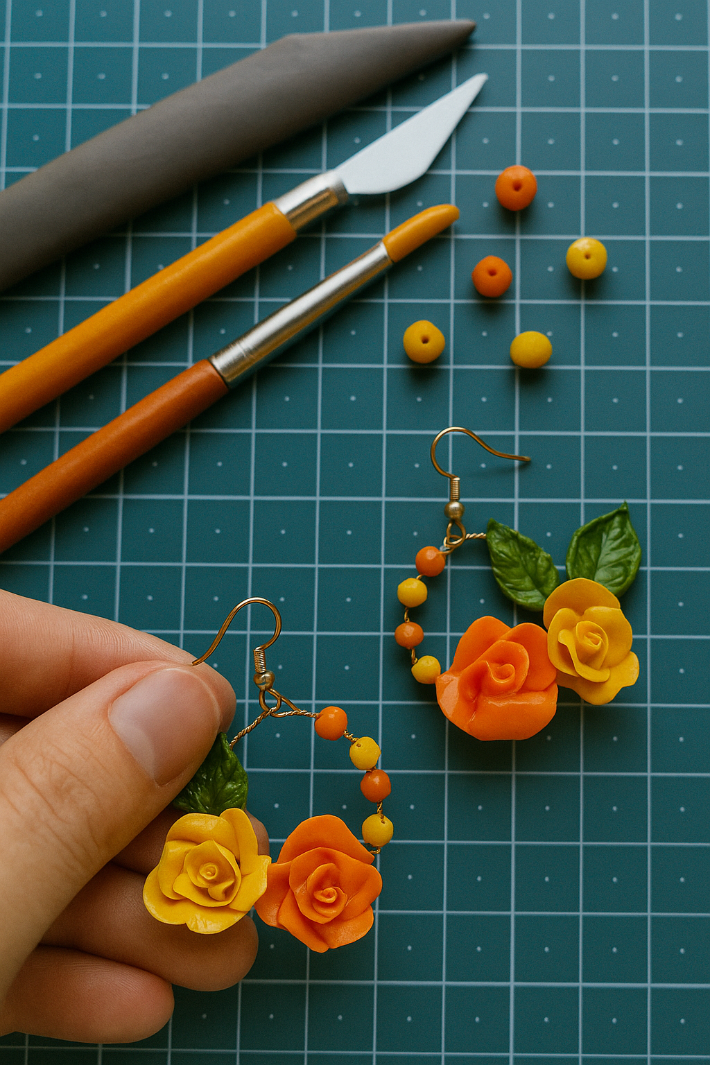 Handmade Haldi & Mehndi Earrings – Yellow & Orange Clay Flower Hoop | Ethnic Floral Jwellery for Women & Girls | Festive & Wedding Accessories