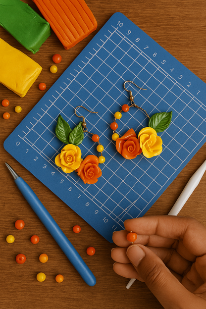 Handmade Haldi & Mehndi Earrings – Yellow & Orange Clay Flower Hoop | Ethnic Floral Jwellery for Women & Girls | Festive & Wedding Accessories