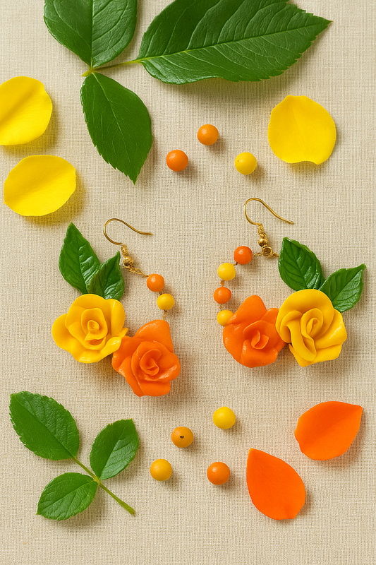 Handmade Haldi & Mehndi Earrings – Yellow & Orange Clay Flower Hoop | Ethnic Floral Jwellery for Women & Girls | Festive & Wedding Accessories