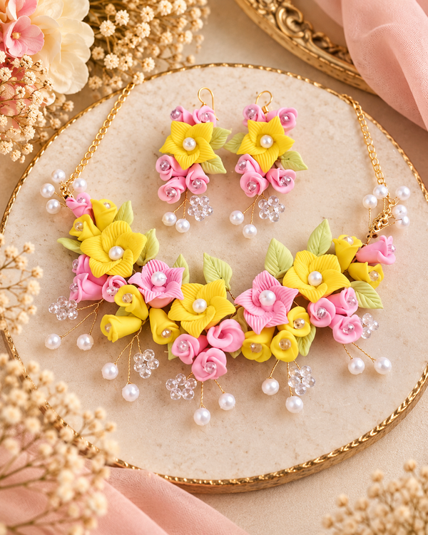 Pink & Yellow Bloom Handmade Clay Jewelry Set