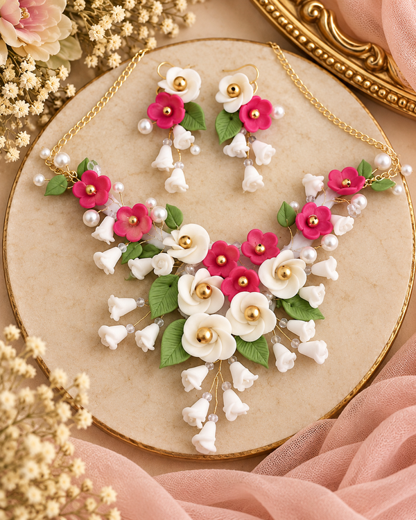 Maroon & Ivory Floral Handmade Clay Jewelry Set