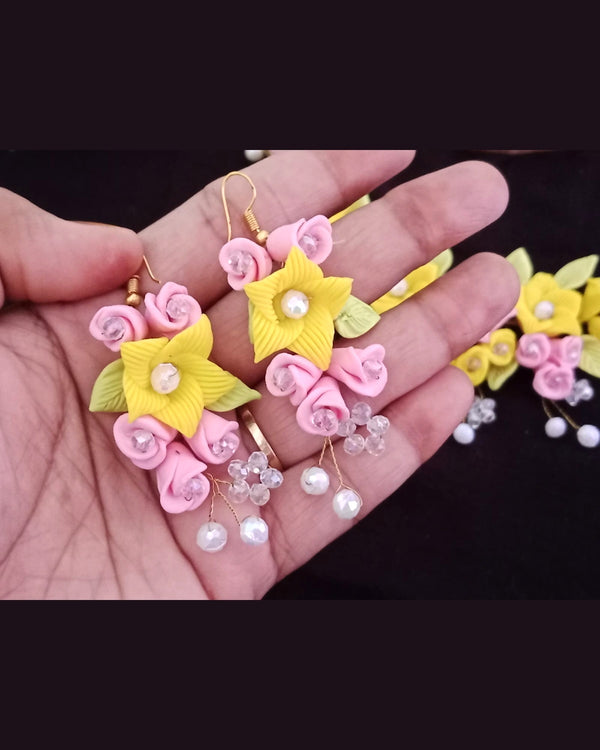 Pink & Yellow Bloom Handmade Clay Jewelry Set