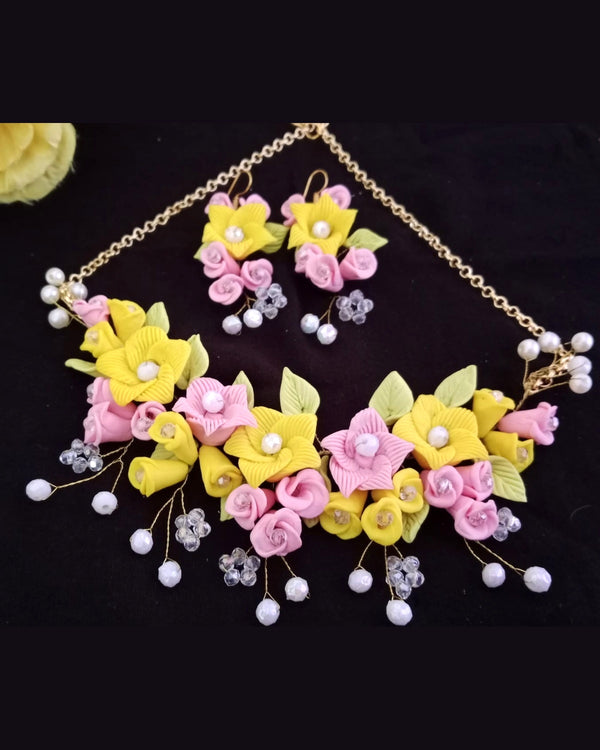 Pink & Yellow Bloom Handmade Clay Jewelry Set