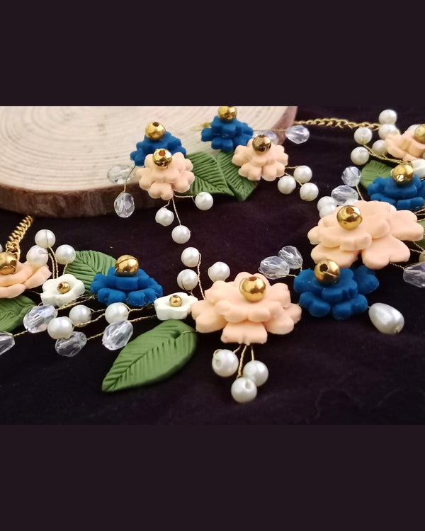 Blue & Blush Floral Handmade Clay Jewelry Set