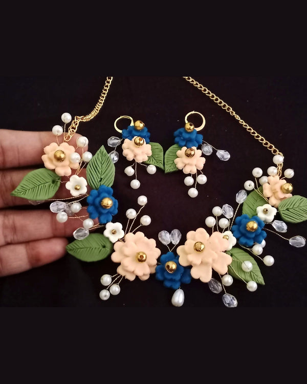 Blue & Blush Floral Handmade Clay Jewelry Set