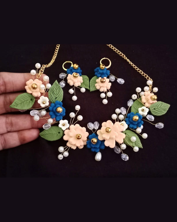Blue & Blush Floral Handmade Clay Jewelry Set